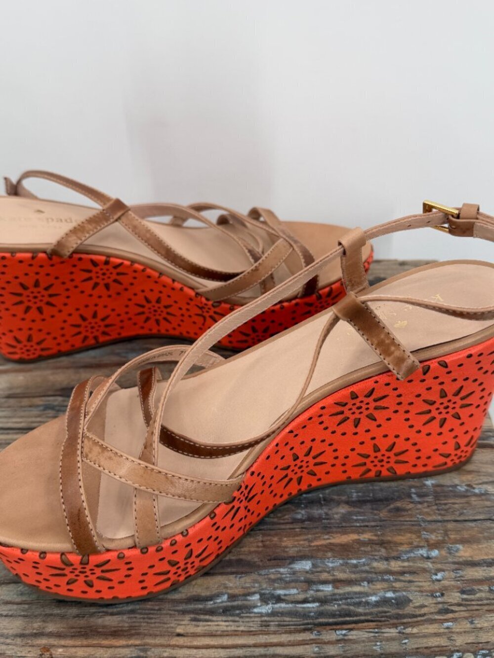 Kate Spade New York Womens 7.5 Leather Strappy Wedge Sandals Orange Cutout